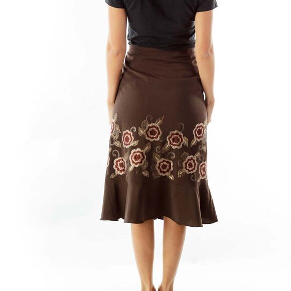 LOFT Brown Embroidered Flared Skirt - Picture 2 of 3